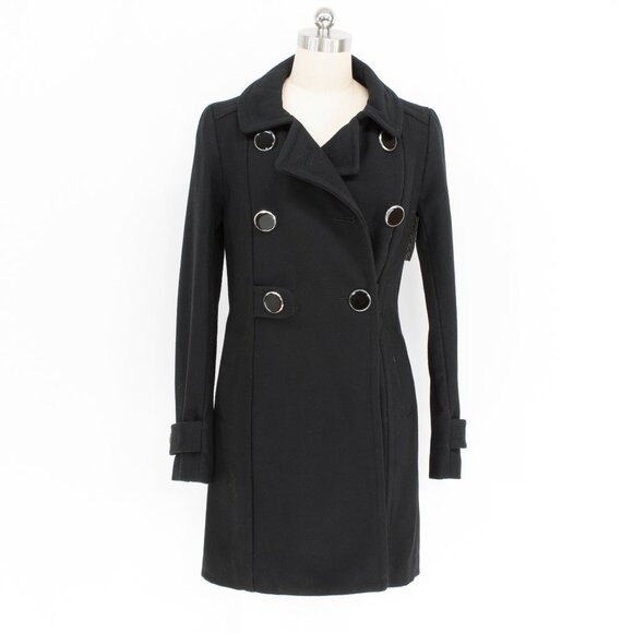 Black Military-Style Double-Breasted Coat — Metal Grommet Details — Size 4 (NWT) - Picture 1 of 4